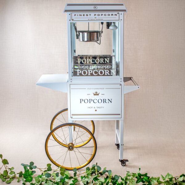 Machine à pop-corn avec chariot blanc et doré en location