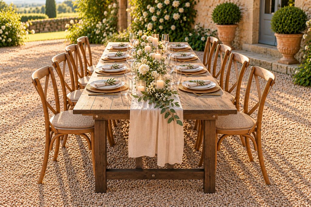 Table rustique Héritage en bois Table rustique HERITAGE en bois, dressée pour huit convives avec chaises à dossier croisé, vaisselle et décoration florale lors d'un mariage champêtre.