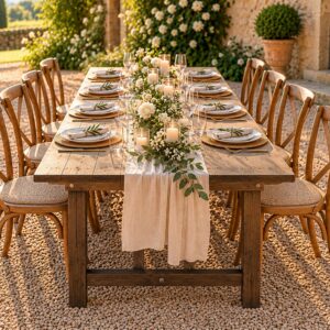 Table rustique HERITAGE en bois, dressée pour huit convives avec chaises à dossier croisé, vaisselle et décoration florale lors d'un mariage champêtre.