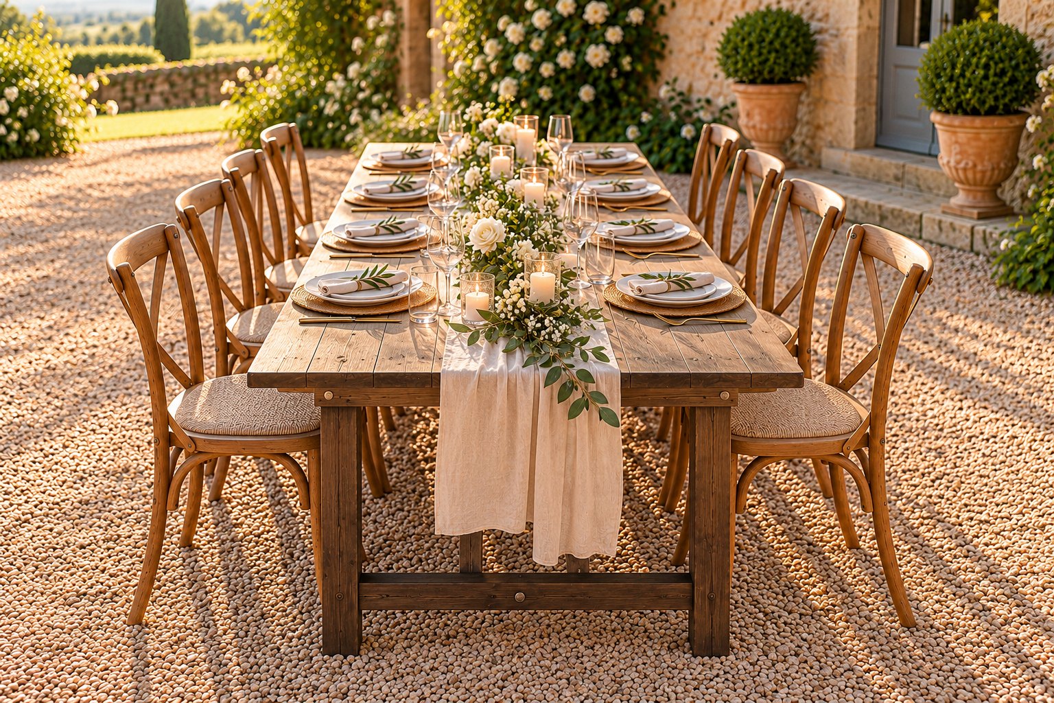 Table rustique HERITAGE en bois, dressée pour huit convives avec chaises à dossier croisé, vaisselle et décoration florale lors d'un mariage champêtre.