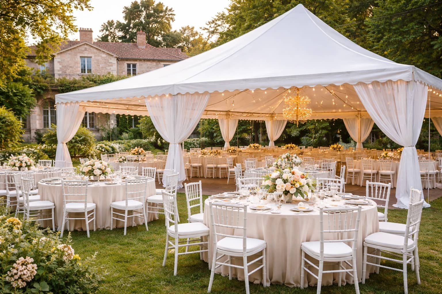 Barnum de réception pour mariage à Dardilly avec tables décorées et chaises de réception