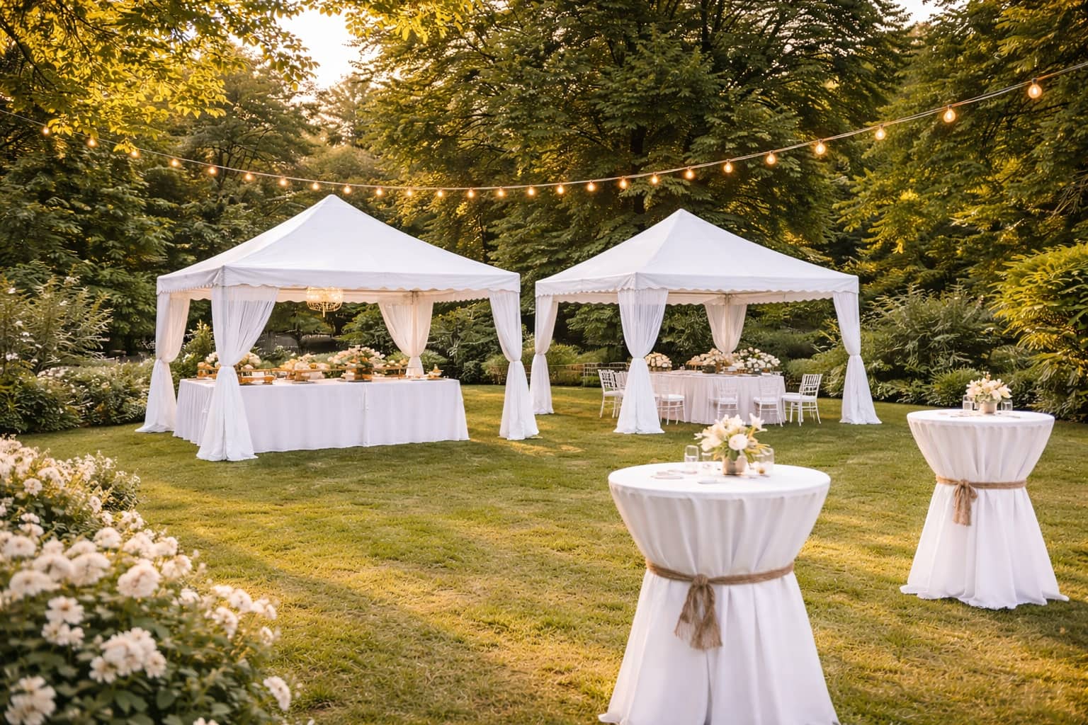 Barnums de réception installés dans un jardin pour mariage à Saint-Cyr-au-Mont-d’Or