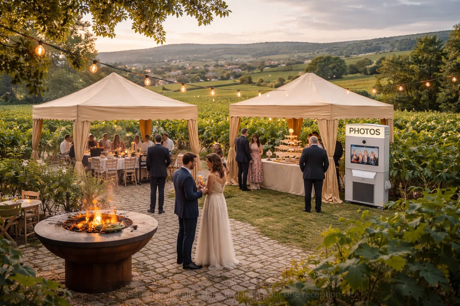 Barnums installés dans un vignoble pour une réception champêtre à Belleville-en-Beaujolais