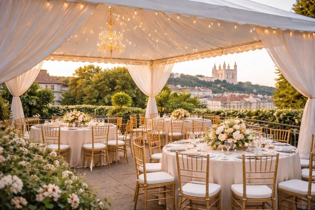 Location de barnum à Lyon pour mariage avec tables de réception et décoration élégante