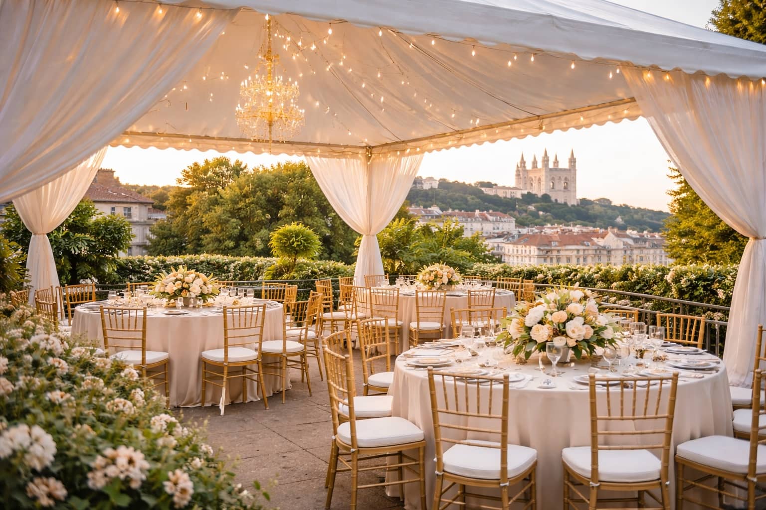 Location de barnum à Lyon pour mariage avec tables de réception et décoration élégante