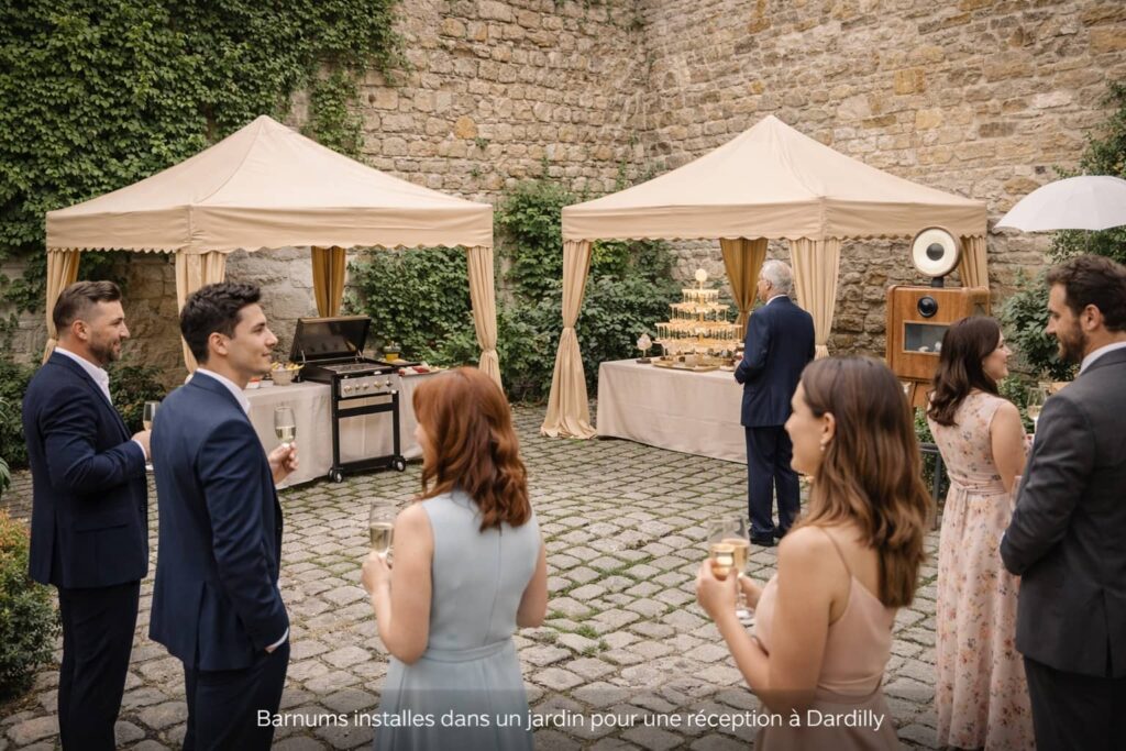 Réception en extérieur à Ecully sous deux barnums couleur sable avec barbecue, fontaine de champagne et photobooth dans une cour pavée