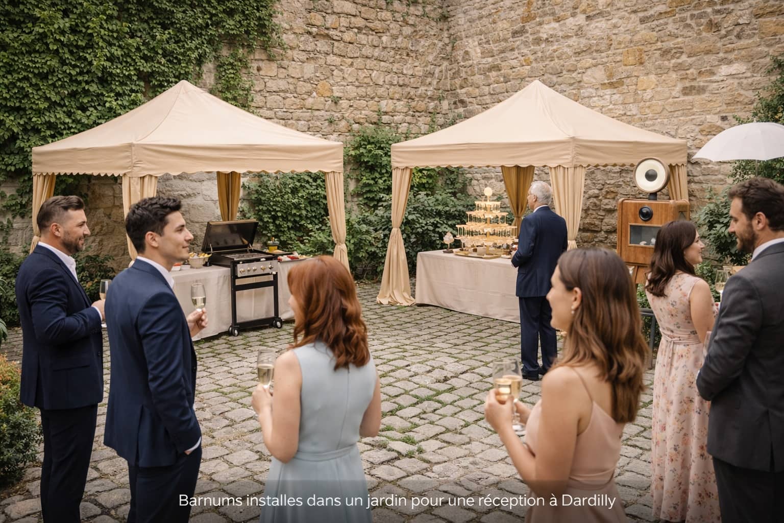 Réception en extérieur à Ecully sous deux barnums couleur sable avec barbecue, fontaine de champagne et photobooth dans une cour pavée