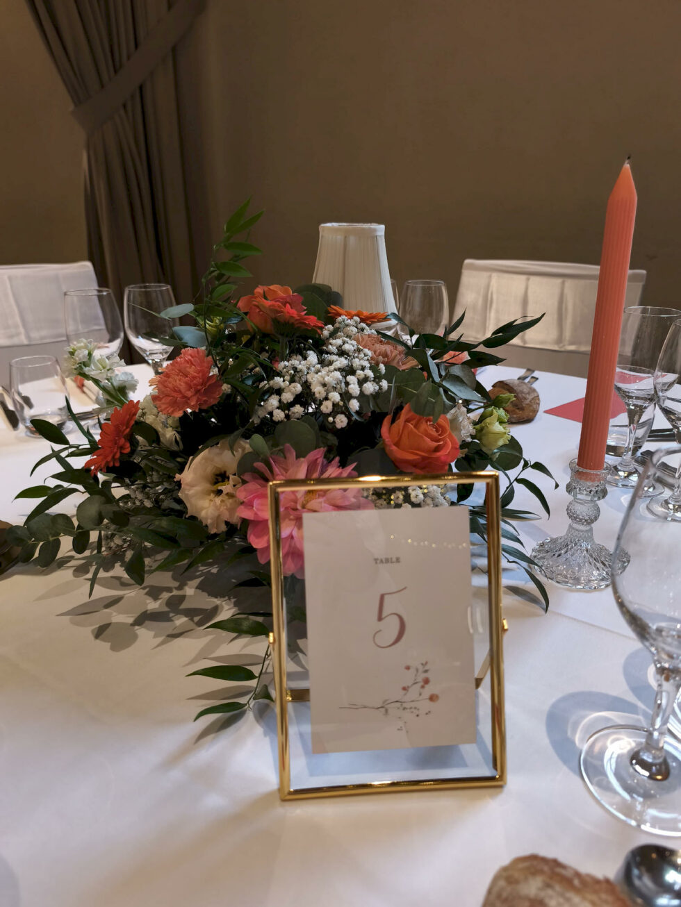 Centre de table fleuri avec numéro de table, bougie rose et décoration élégante
