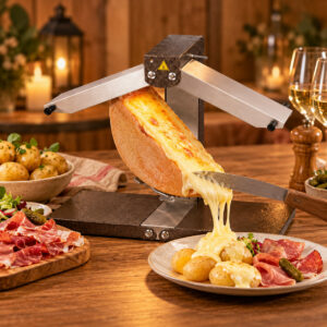 Appareil à raclette traditionnel avec demi-meule de fromage fondant, pommes de terre et charcuterie sur une table de réception.