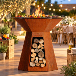 Brasero HEXAGONE en acier corten avec plaque de cuisson, flammes centrales et bûches de bois, présenté en extérieur lors d'une réception.