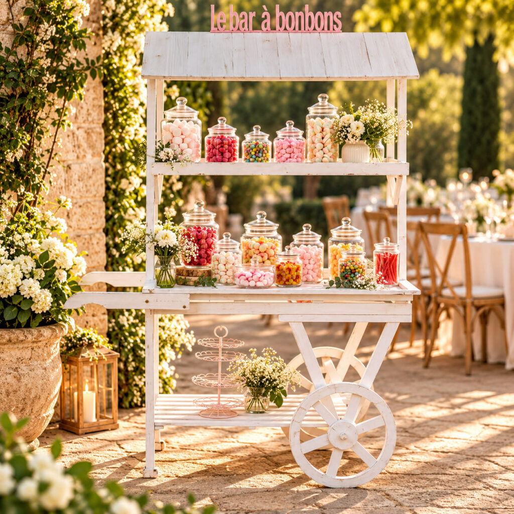 Candy Bar en Bois Authentique Candy Bar en bois blanc avec chariot à roues, présenté dans un jardin de réception élégant, décoré de bonbonnières colorées et de fleurs blanches.