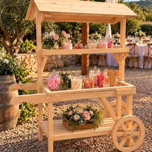 Candy Bar artisanal en bois naturel avec deux roues sur le côté droit, présenté dans un jardin de réception avec bonbonnières et décoration florale.