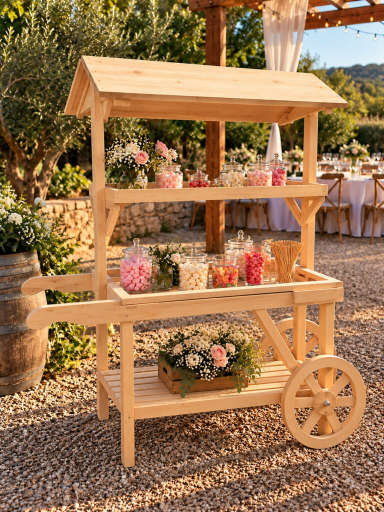 Candy Bar en bois naturel – Fabrication artisanale Candy Bar artisanal en bois naturel avec deux roues sur le côté droit, présenté dans un jardin de réception avec bonbonnières et décoration florale.
