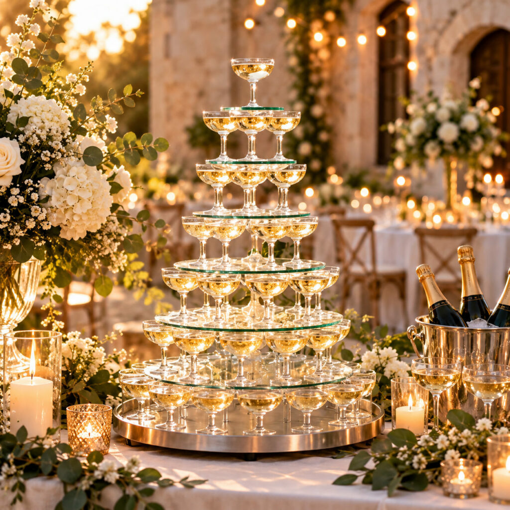 Cascade à champagne Cascade à champagne sur présentoir circulaire à six niveaux, composée de coupes remplies, mise en scène sur une table de mariage élégante avec fleurs blanches, bougies et seau à champagne.