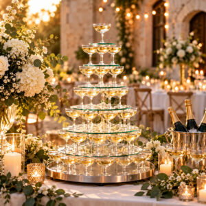 Cascade à champagne sur présentoir circulaire à six niveaux, composée de coupes remplies, mise en scène sur une table de mariage élégante avec fleurs blanches, bougies et seau à champagne.