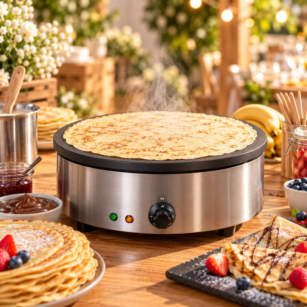 Crêpière électrique professionnelle en inox avec grande plaque ronde et crêpe dorée en cuisson, présentée sur un buffet avec confiture, chocolat et fruits frais.