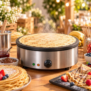 Crêpière électrique professionnelle en inox avec grande plaque ronde et crêpe dorée en cuisson, présentée sur un buffet avec confiture, chocolat et fruits frais.