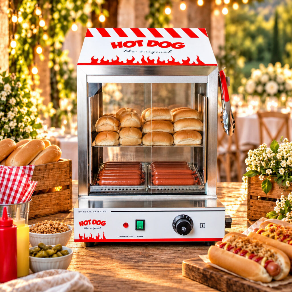 Cuiseur à vapeur professionnel pour hot-dogs en inox, avec pains et saucisses, présenté sur un buffet en bois lors d’une réception élégante en extérieur.