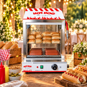 Cuiseur à vapeur professionnel pour hot-dogs en inox, avec pains et saucisses, présenté sur un buffet en bois lors d’une réception élégante en extérieur.