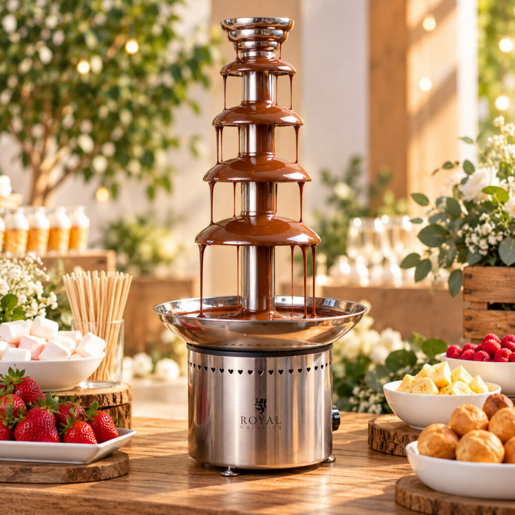 Fontaine à chocolat professionnelle en inox avec chocolat fondu en cascade, présentée sur un buffet de réception avec fraises, fruits et guimauves.