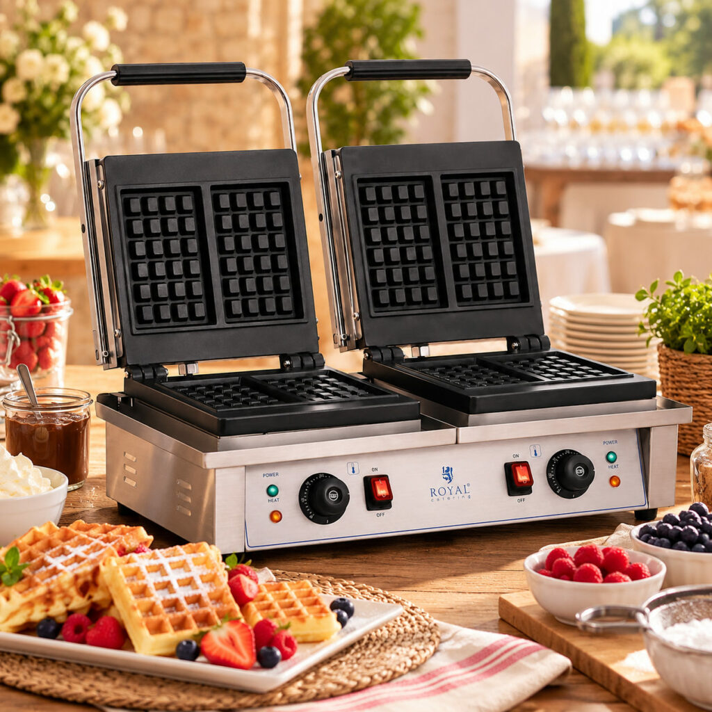 Gaufrier professionnel double en inox avec plaques à gaufres belges, présenté sur une table de réception avec gaufres, fruits rouges et garnitures.