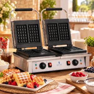 Gaufrier professionnel double en inox avec plaques à gaufres belges, présenté sur une table de réception avec gaufres, fruits rouges et garnitures.
