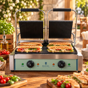 Grill panini professionnel double en inox avec deux plaques de cuisson ouvertes et des paninis garnis, présenté sur un buffet de réception.