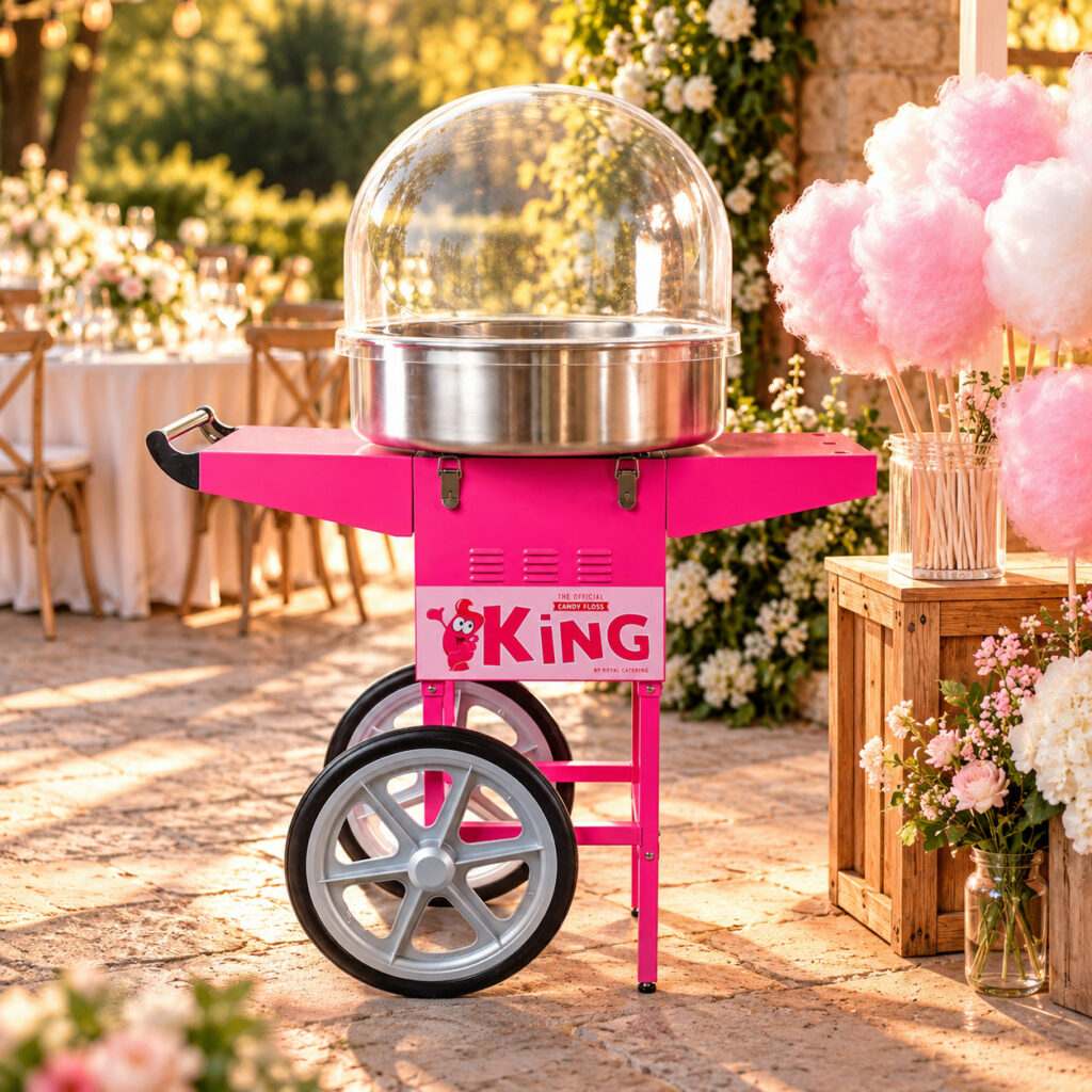 Machine à barbe à papa professionnelle KING rose avec chariot à roues et cuve en inox, présentée dans un jardin de réception avec des barbes à papa roses et blanches.