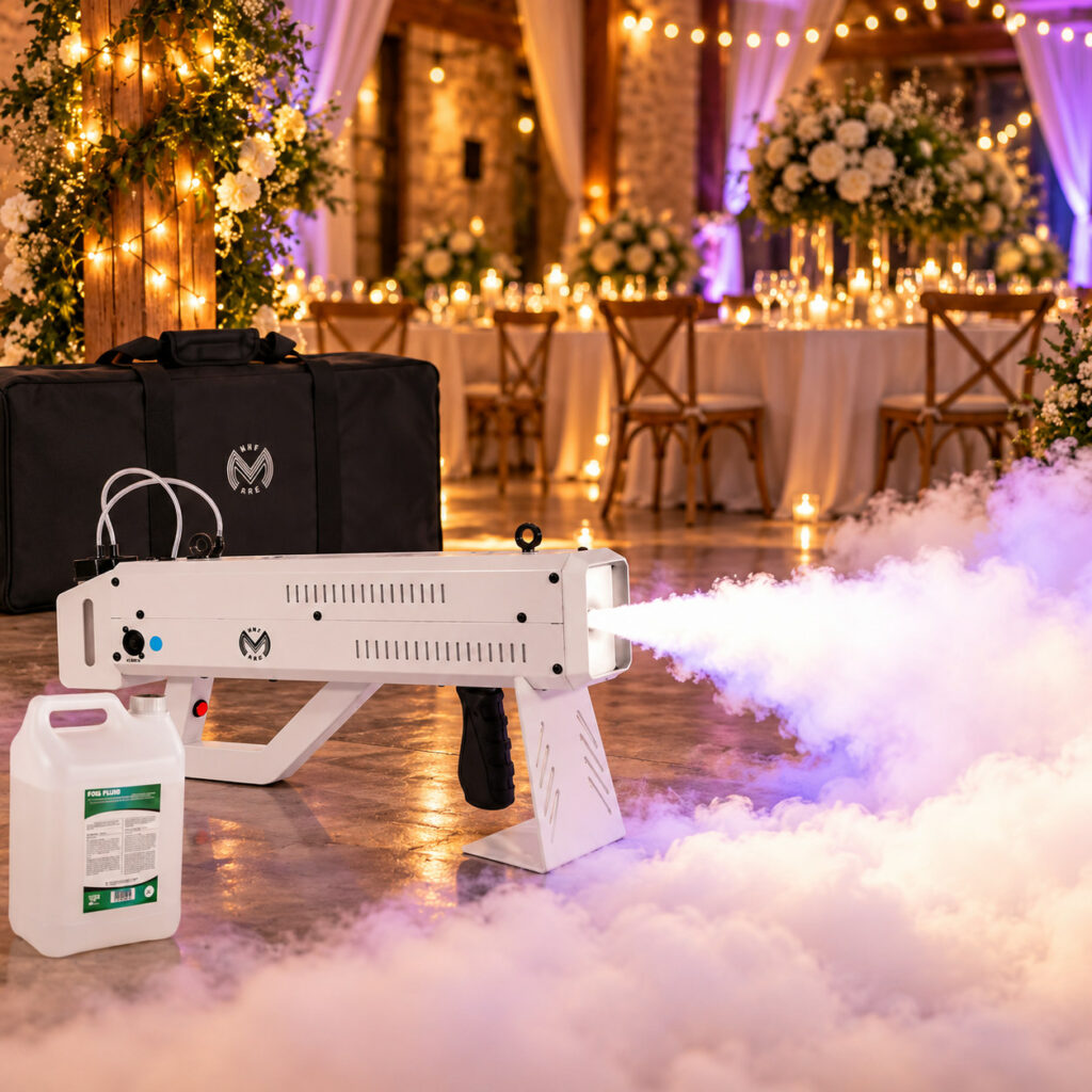 Pistolet à fumée professionnel blanc avec son bidon de liquide, projetant un épais nuage de fumée blanche dans une salle de réception élégamment décorée pour un mariage.
