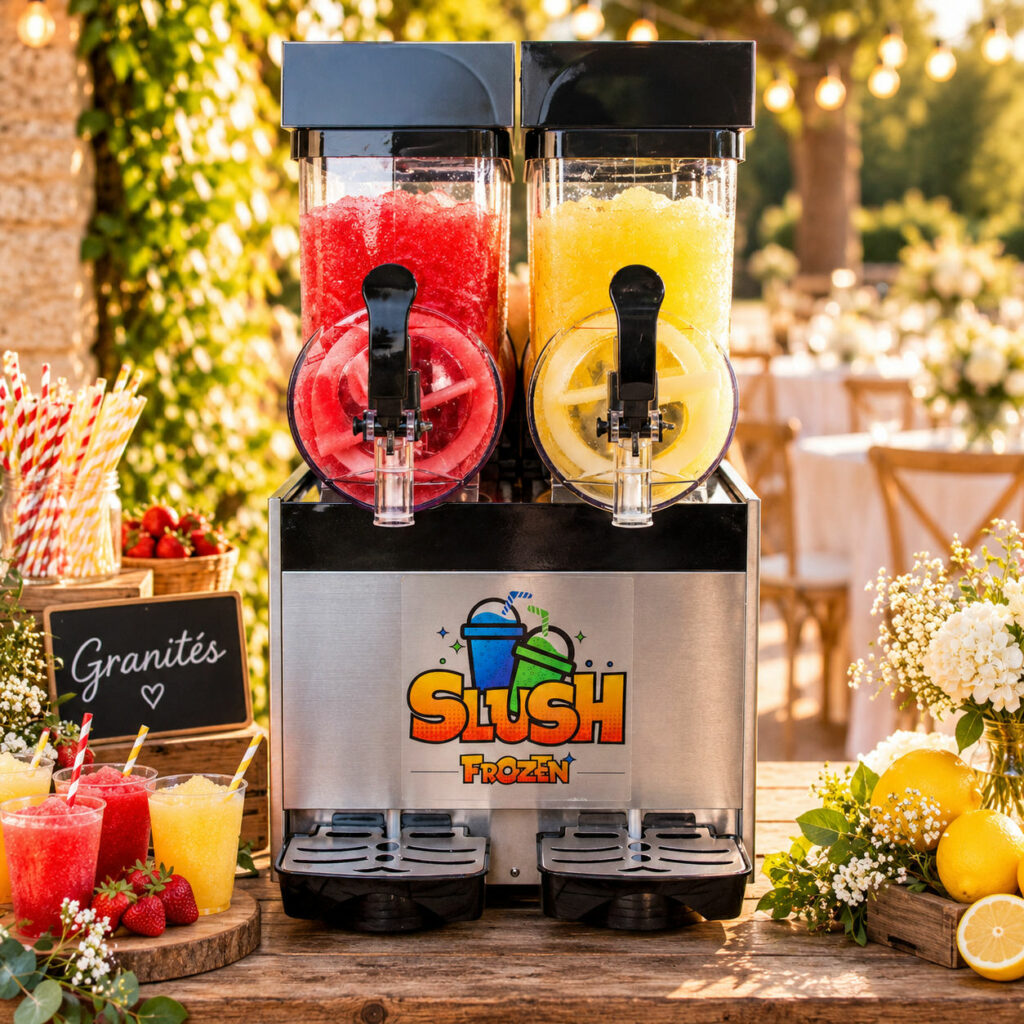 Machine à granités double 2 X 15 Litres Machine à granités professionnelle SLUSH FROZEN à deux cuves, contenant des granités rouges et jaunes, présentée sur un buffet de réception avec verres, fruits frais et décoration florale.