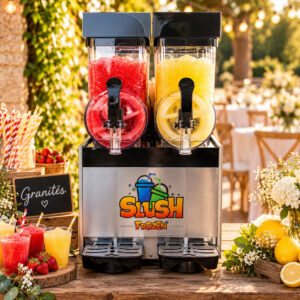 Machine à granités professionnelle SLUSH FROZEN à deux cuves, contenant des granités rouges et jaunes, présentée sur un buffet de réception avec verres, fruits frais et décoration florale.