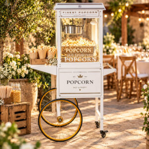 Machine à pop-corn professionnelle avec chariot blanc et roues dorées, présentée dans un jardin de réception élégant avec cornets de pop-corn et décoration florale.