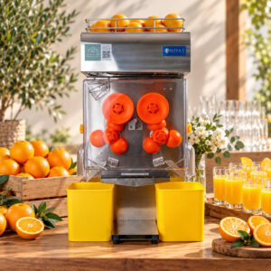 Presse-orange professionnel automatique en inox avec oranges fraîches, bacs de récupération jaunes et verres de jus d'orange sur un buffet de réception.