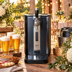 Tireuse à bière Philips PerfectDraft 6 litres noire et chromée, présentée sur un buffet en bois avec des verres de bière dans un décor de réception élégant.