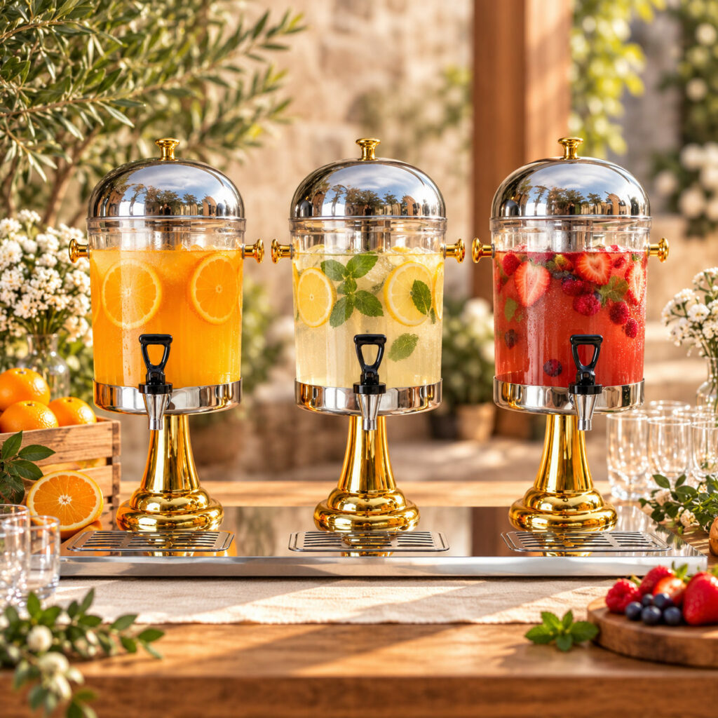Triple distributeur de boissons avec trois cuves transparentes sur pieds dorés, contenant des boissons aux agrumes et aux fruits rouges, présenté sur un buffet de réception.