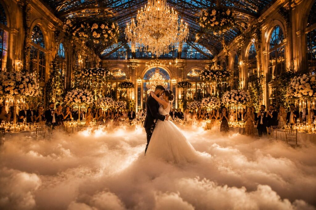 Machine à effet nuage – Vivez une ouverture de bal digne d'un rêve Exemple de salle dde mariage avec machine à effet nuage