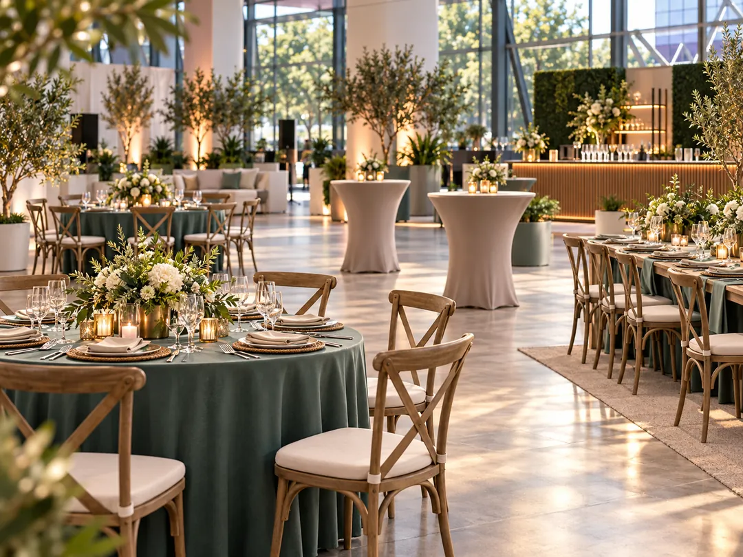 Illustration de tables, chaises et mange-debout aménagés pour une réception professionnelle